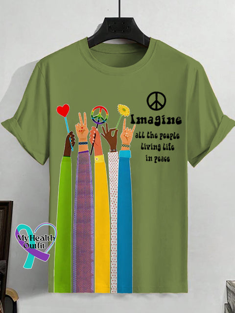 Men’s Retro Hippie Imagine All The People Living Life In Peace Print T-Shirt Green / S
