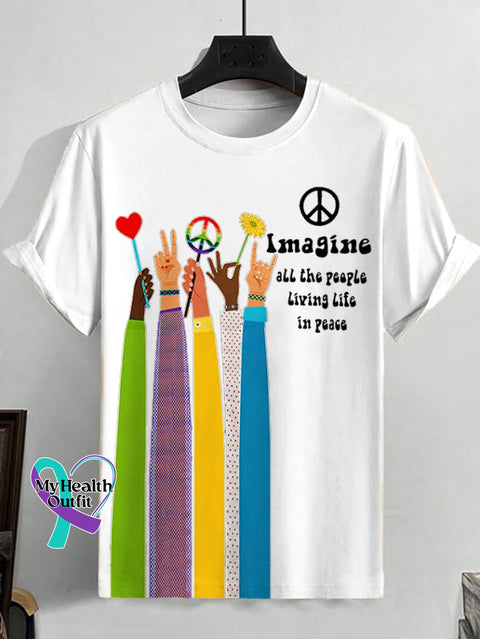 Men’s Retro Hippie Imagine All The People Living Life In Peace Print T-Shirt White / S