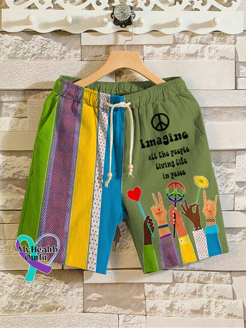 Men’s Retro Hippie Imagine All The People Living Life In Peace Shorts Green / S