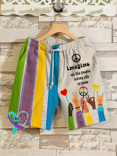 Men’s Retro Hippie Imagine All The People Living Life In Peace Shorts Khaki / S