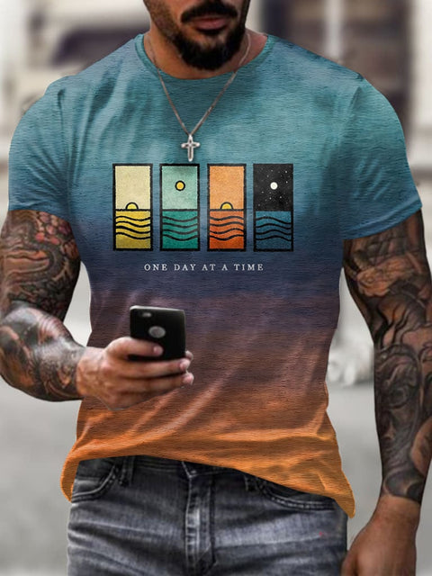 Men’s Retro One Day At A Time Print Short Sleeve T-shirt Orange / S