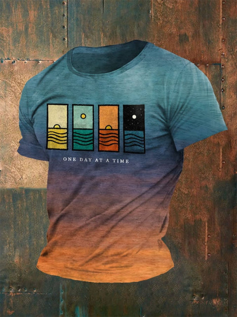 Men’s Retro One Day At A Time Print Short Sleeve T-shirt Orange / S