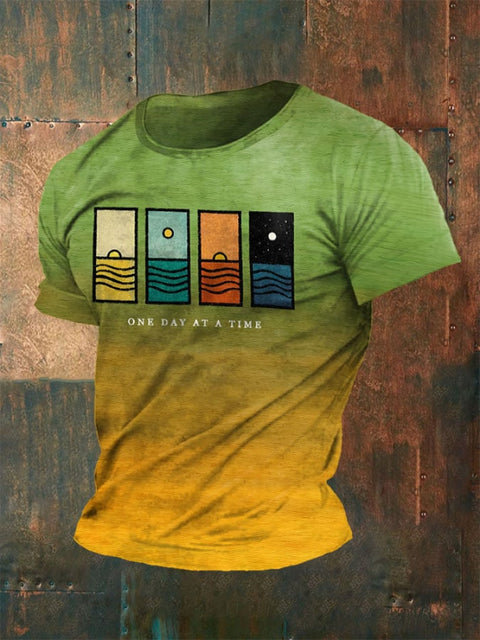 Men’s Retro One Day At A Time Print Short Sleeve T-shirt Yellow / S