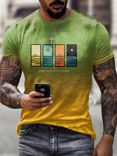 Men’s Retro One Day At A Time Print Short Sleeve T-shirt Yellow / S
