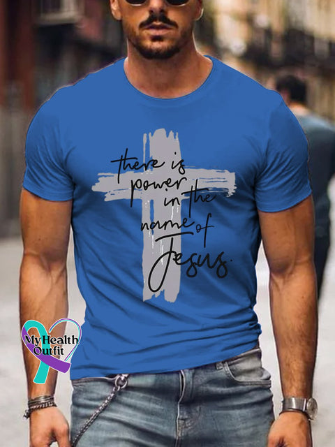 Men’s There Is Power In The Name Of Jesus Art Print Casual T-Shirt Blue / S