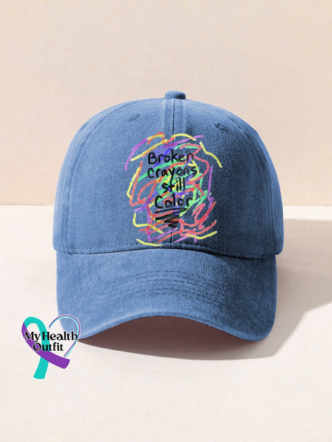 Mental Health Awareness Broken Crayons Still Color Encourage Print Casual Hats Blue / Onesize