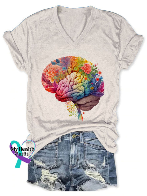 Mental Health Awareness Floral Brain Art Casual T-Shirt Sand / S