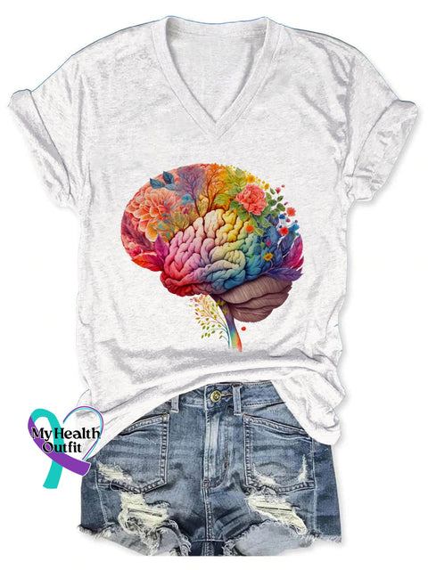 Mental Health Awareness Floral Brain Art Casual T-Shirt White / S