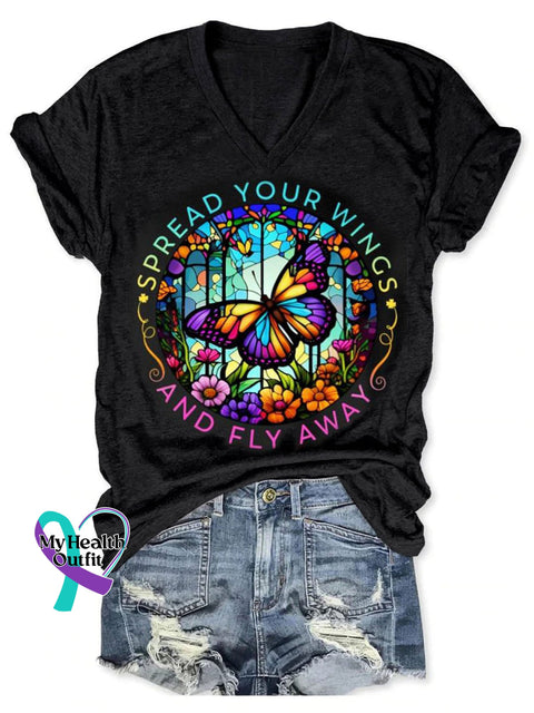 Mental Health Awareness Spread Your Wings And Fly Away Butterfly Art Print V-Neck Casual T-Shirt
