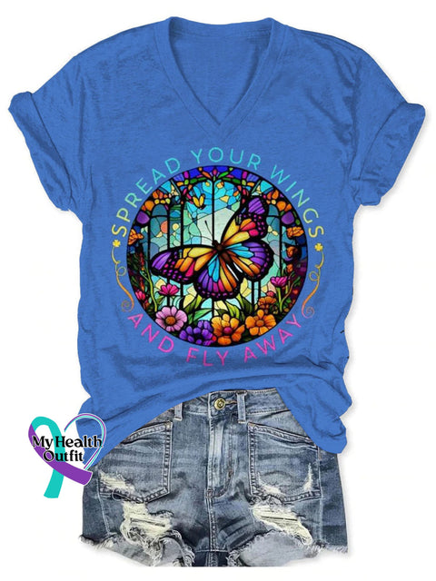 Mental Health Awareness Spread Your Wings And Fly Away Butterfly Art Print V-Neck Casual T-Shirt