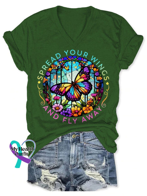 Mental Health Awareness Spread Your Wings And Fly Away Butterfly Art Print V-Neck Casual T-Shirt