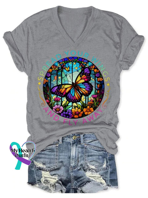 Mental Health Awareness Spread Your Wings And Fly Away Butterfly Art Print V-Neck Casual T-Shirt
