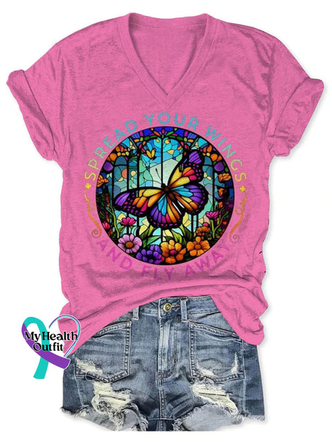 Mental Health Awareness Spread Your Wings And Fly Away Butterfly Art Print V-Neck Casual T-Shirt