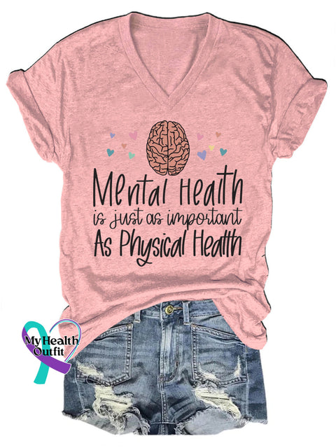 Mental Health Casual V-Neck Short Sleeve T-Shirt Pink / S