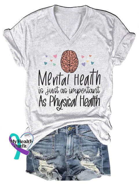 Mental Health Casual V-Neck Short Sleeve T-Shirt White / S