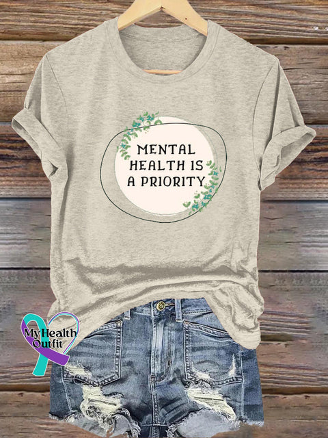 Mental Health Is A Priority Printed Casual Crew Neck Short Sleeve T-Shirt Beige / S