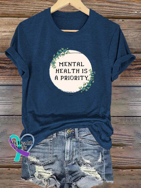 Mental Health Is A Priority Printed Casual Crew Neck Short Sleeve T-Shirt NavyBlue / S