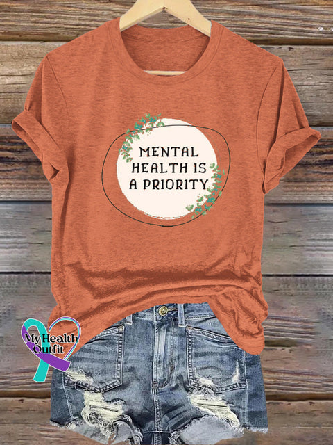 Mental Health Is A Priority Printed Casual Crew Neck Short Sleeve T-Shirt Orange / S