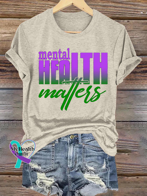 Mental Health Matters Gradient Print Casual Round Neck Short Sleeve T-Shirt Beige / S