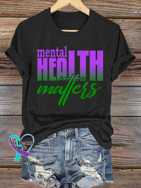 Mental Health Matters Gradient Print Casual Round Neck Short Sleeve T-Shirt Black / S