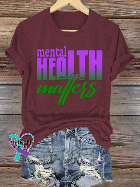 Mental Health Matters Gradient Print Casual Round Neck Short Sleeve T-Shirt Brown / S