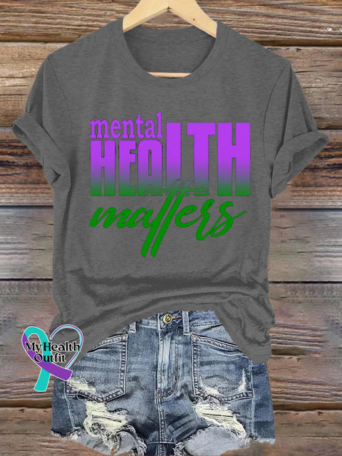 Mental Health Matters Gradient Print Casual Round Neck Short Sleeve T-Shirt Grey / S