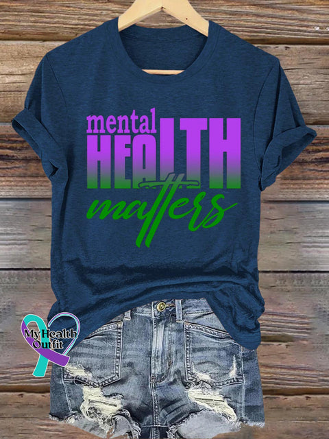 Mental Health Matters Gradient Print Casual Round Neck Short Sleeve T-Shirt NavyBlue / S