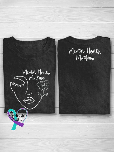 Mental Health Matters Human Face Line Print Casual Round Neck Short Sleeve T-Shirt Black / S
