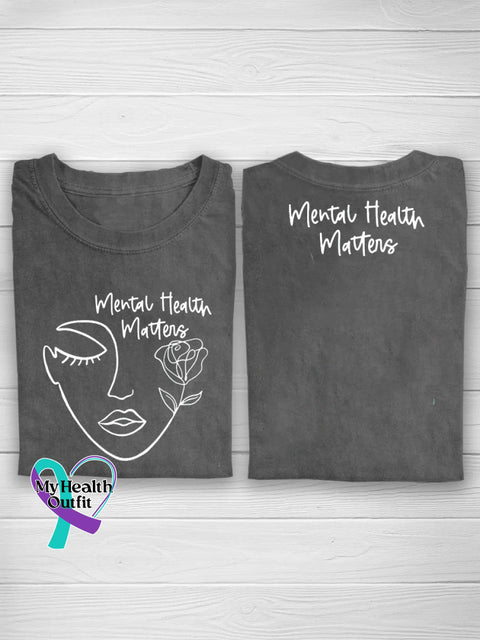 Mental Health Matters Human Face Line Print Casual Round Neck Short Sleeve T-Shirt Grey / S