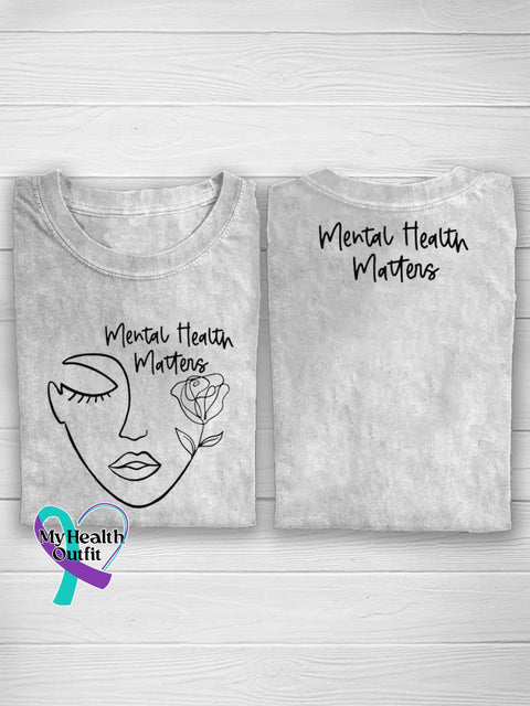 Mental Health Matters Human Face Line Print Casual Round Neck Short Sleeve T-Shirt White / S
