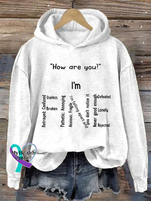 Mental Health Matters I’m Fine Print Casual Hoodie White / S
