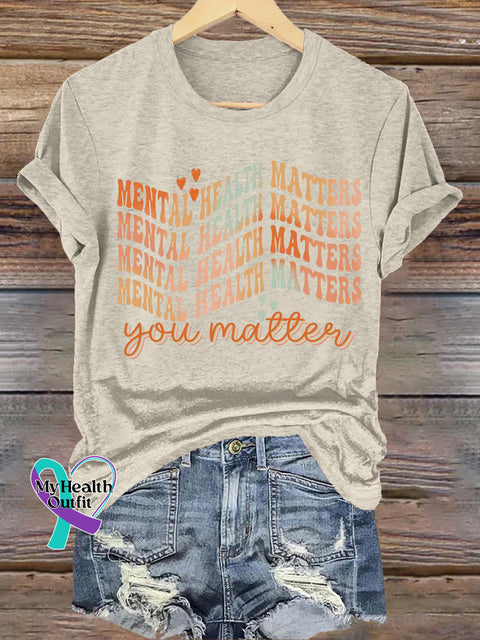 Mental Health Matters Printed Casual Crew Neck Short Sleeve T-Shirt Beige / S