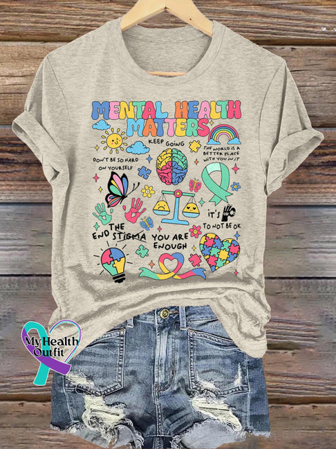 Mental Health Matters Printed Casual Crew Neck Short Sleeve T-Shirt Beige / S