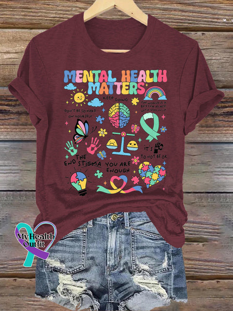 Mental Health Matters Printed Casual Crew Neck Short Sleeve T-Shirt Brown / S