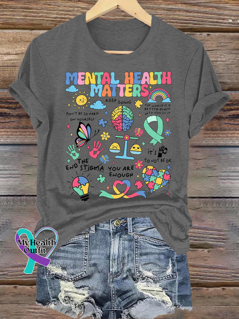 Mental Health Matters Printed Casual Crew Neck Short Sleeve T-Shirt Grey / S