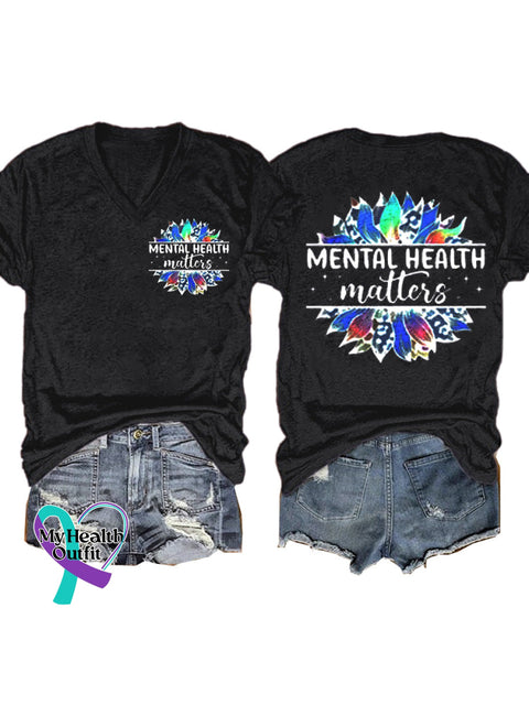 Mental Health Matters Printed Casual V-Neck Short Sleeve T-Shirt Black / S