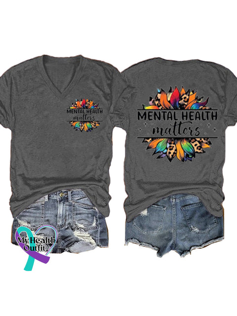 Mental Health Matters Printed Casual V-Neck Short Sleeve T-Shirt Grey / S