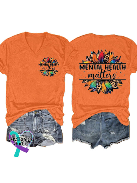 Mental Health Matters Printed Casual V-Neck Short Sleeve T-Shirt Orange / S