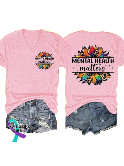 Mental Health Matters Printed Casual V-Neck Short Sleeve T-Shirt Pink / S