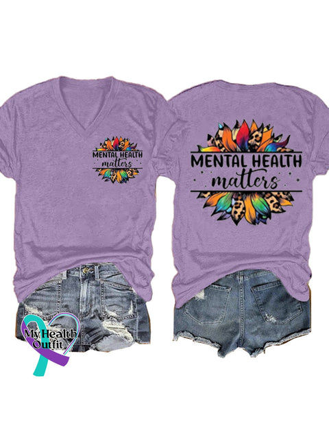 Mental Health Matters Printed Casual V-Neck Short Sleeve T-Shirt Purple / S