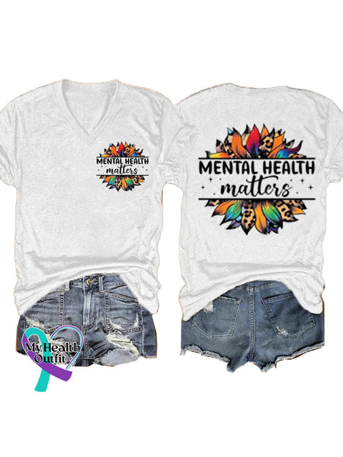 Mental Health Matters Printed Casual V-Neck Short Sleeve T-Shirt White / S