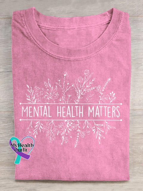 Mental Health Matters Text Slogan Print Round Neck Casual Short Sleeve Pink / S