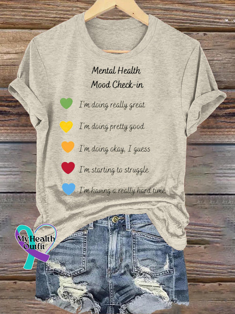 Mental Health Mood Check-in Printed Casual Crew Neck Short Sleeve T-Shirt Beige / S
