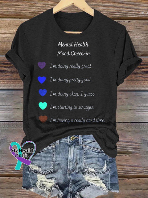 Mental Health Mood Check-in Printed Casual Crew Neck Short Sleeve T-Shirt Black / S