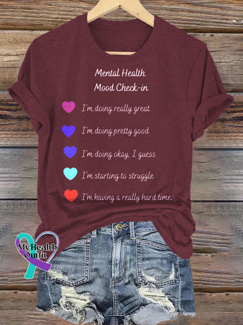 Mental Health Mood Check-in Printed Casual Crew Neck Short Sleeve T-Shirt Brown / S