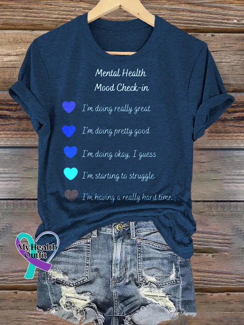Mental Health Mood Check-in Printed Casual Crew Neck Short Sleeve T-Shirt NavyBlue / S