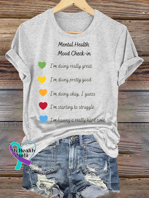 Mental Health Mood Check-in Printed Casual Crew Neck Short Sleeve T-Shirt White / S