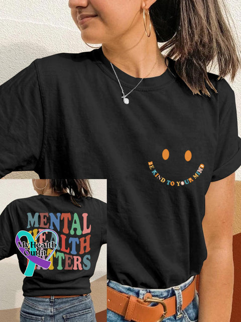 Mental Health Rainbow Smiling Face Printing T-Shirt Black / S