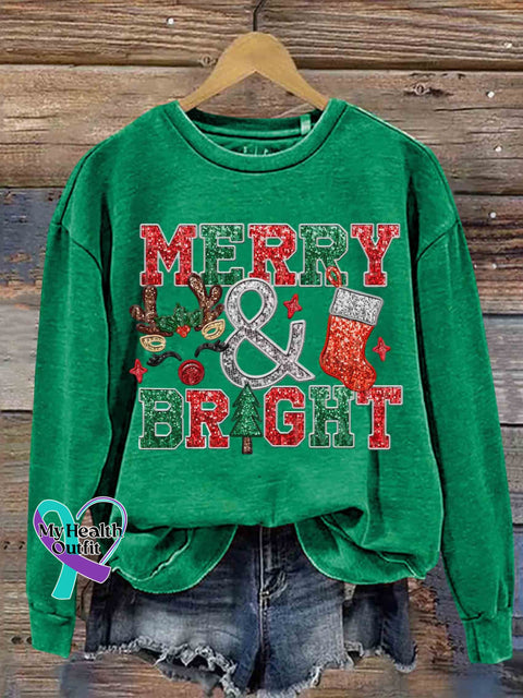 Merry And Bright Christmas Casual Sweatshirt Green / S