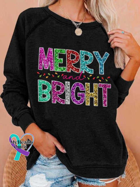 Merry&Bright Christmas Print Casual Sweatshirt Black / S